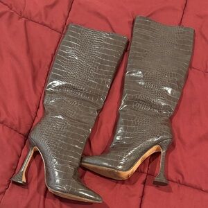 Fashion Nova Dark Brown Croc-Embossed Heeled Boots